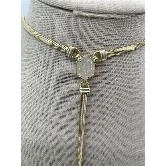 Kendra Scott Starla Necklace Gold Tone Pink White Iridescent Druzy Gem Y Shape - Picture 2 of 4